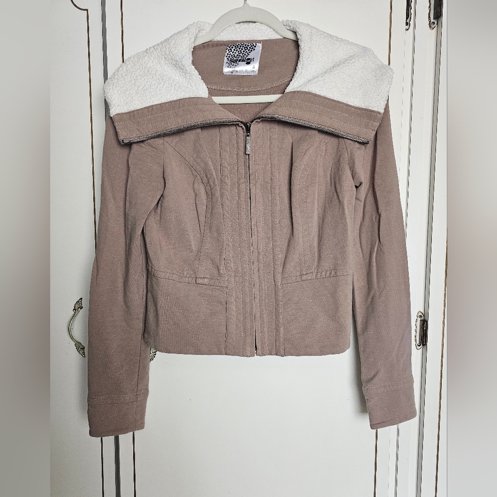 Kensie Girl Taupe Jacket with White Fleece Collar